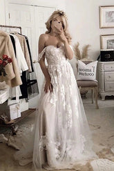 A-line Off-the-shoulder Applique Court Train Rustic Wedding Dress